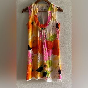 Trina Turk Sheer Whimsical Colorful floral silk Sleeveless Shift dress size 0